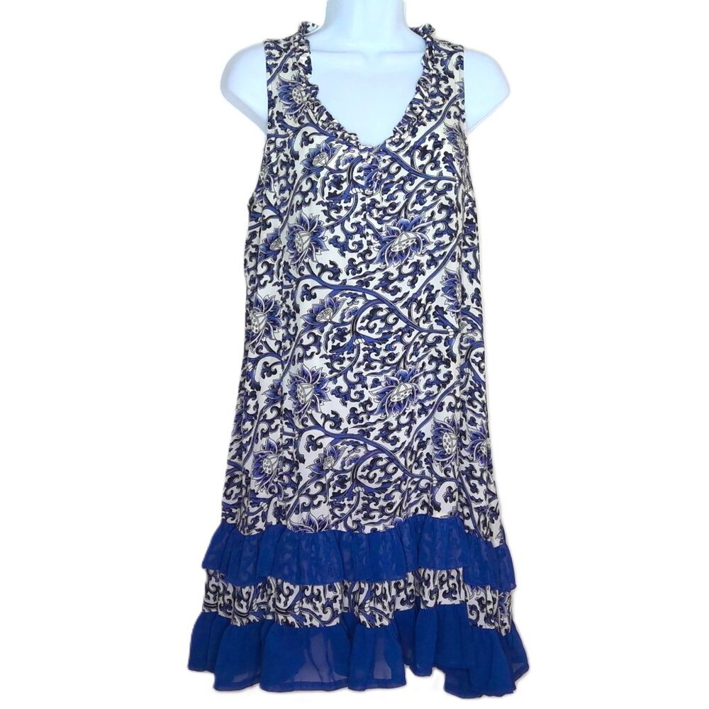 Apparel Love Sleeveless Dress Ruffle Batik Style Print Blue Off White & Black L